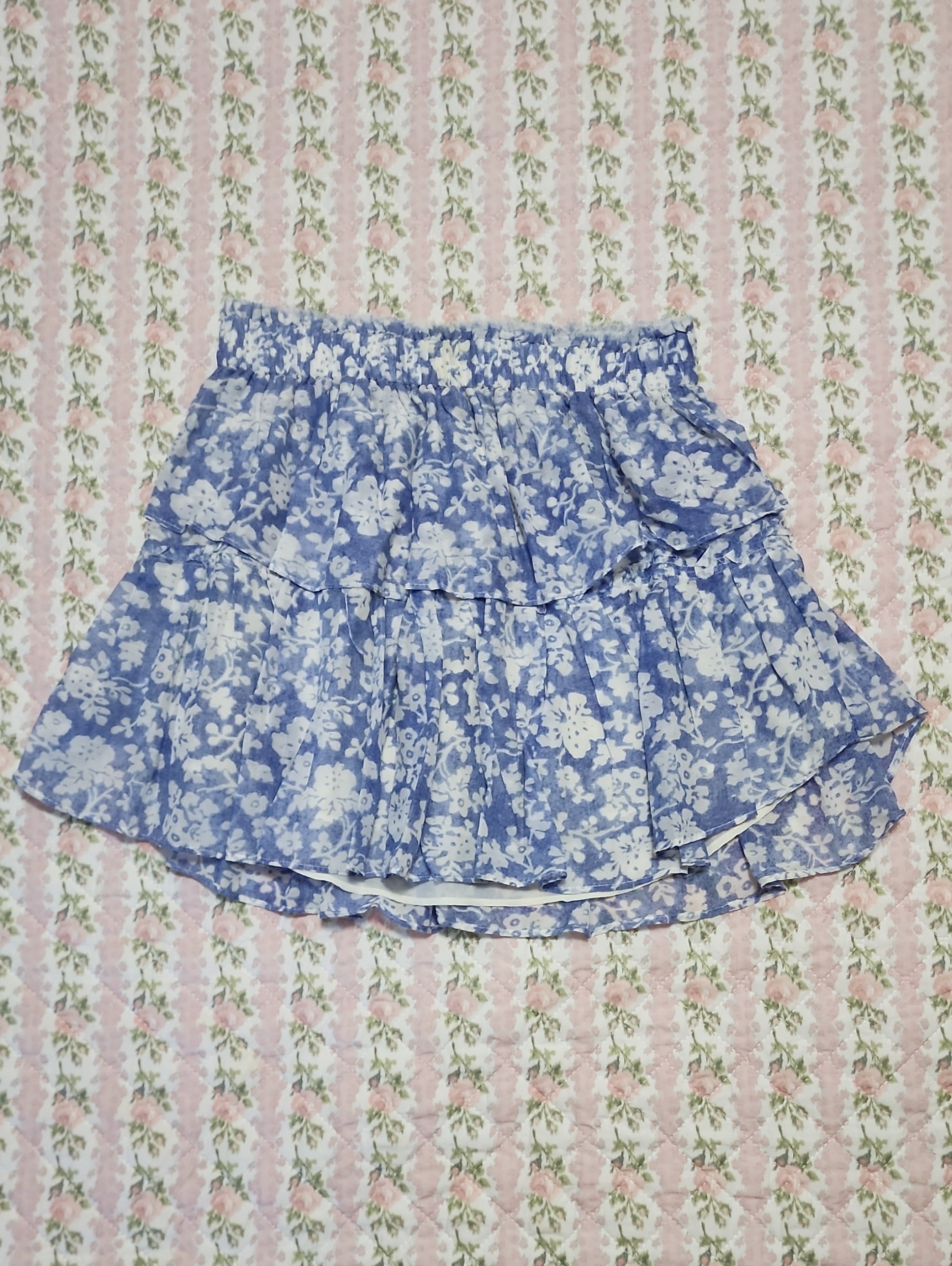 Loveshackfancy Blue Floral Tiered Cotton Silk Skirt S